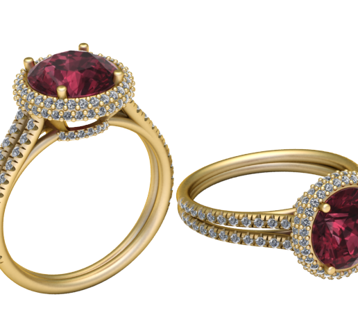 Red Gemstone Double Halo Gold Engagement Ring