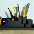 01.png Multifunctional desktop organizer, 2 variants - STL 3D print file, desk organizer with pen holder, card & coin tray, USB + SD slots, incl. commercial test license