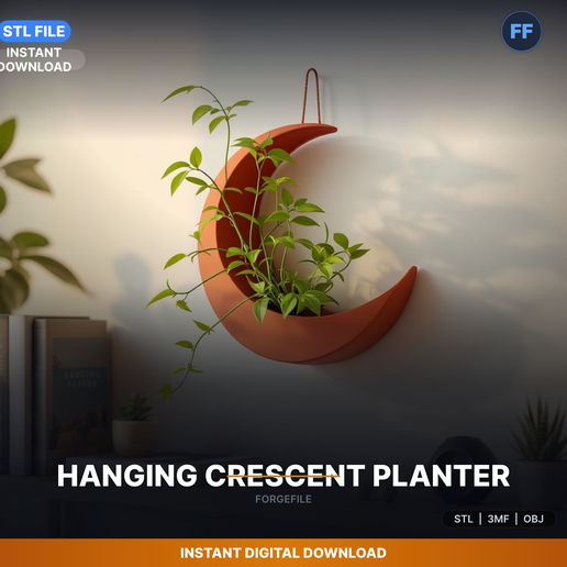Crescent Moon Shaped Hanging Planter, Wall Mount Holes, - 3D Printable STL File