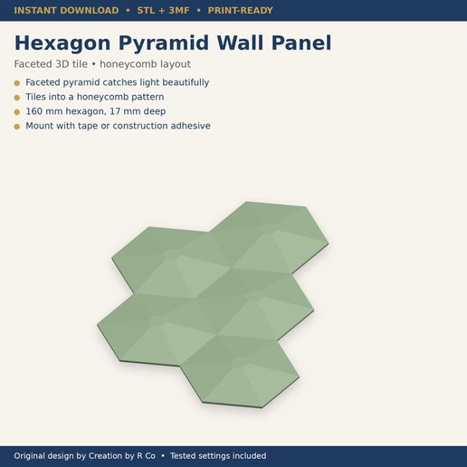 Hexagon Wall Panel STL File | 3D Pyramid Wall Tile 3D Print