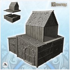 1-PREM.jpg STL file Medieval stone building with tile roof and large roof annex (14) - Medieval Gothic Feudal Old Archaic Saga 28mm 15mm・3D printable design to download