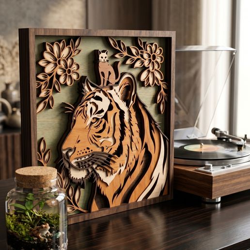 MD215 - Tiger Layered Wood SVG, Floral Big Cat Laser Cut File, 3D Wooden Wall Art, Wildlife CNC Design, Glowforge SVG
