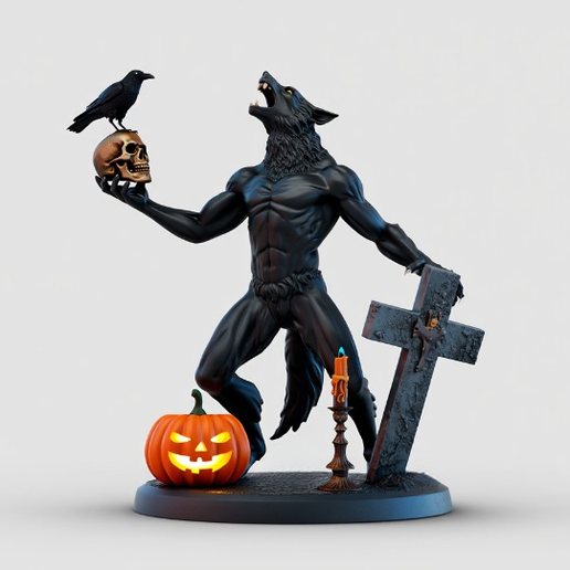 3611 Werewolf Howling with Skull - Minimalist Statue, witch, werewolf, character, 3d, magic, monster, gothic, stl, skeleton, skull, minimalist, 3dmodel, 3dprint, 3dtalk, figurine, collectible, fantasy, dragon, decorative, STL