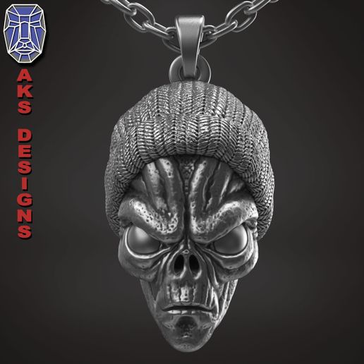 Alien_with_cap_v1_pendant_a1.jpg skull  Pendant jewelry ALien with cap v1