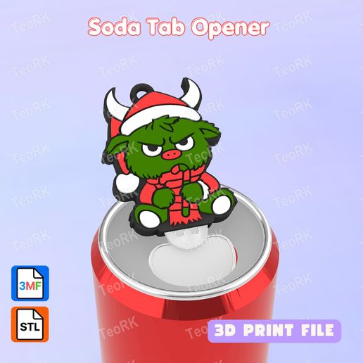 Soda Tab Opener Angry Christmas Highland cow Keychain - STL 3MF pre-painted - Soda can Opener