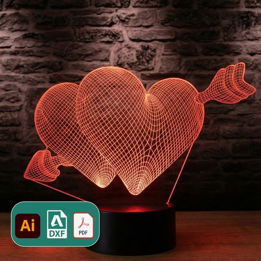 Valentine Heart LED Illusion Lamp Laser Cut File | Romantic Acrylic Engraving Design | AI DXF PDF