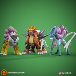 STL file Pokemon - Entei, Raikou and Suicune with 2 poses