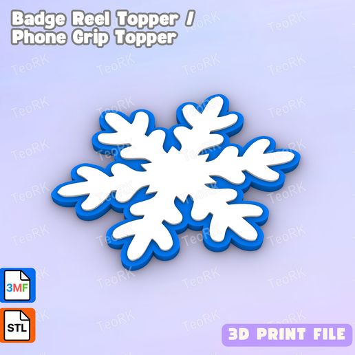 Badge Reel Topper Flat Back snowflake - Phone Grip Topper - 3MF
