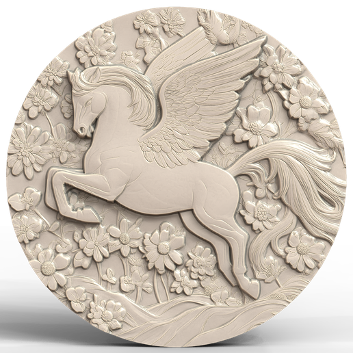 3D Model STL File for CNC Router/Laser & 3D Printer A Pegasus Descending in a Valley Full of Luminous Flowers 3D model
