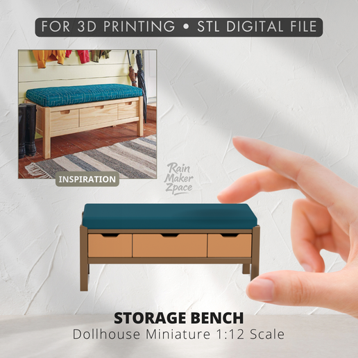 Woodsmith Magazine-Inspired Storage Bench - 1:12 Dollhouse Miniature STL