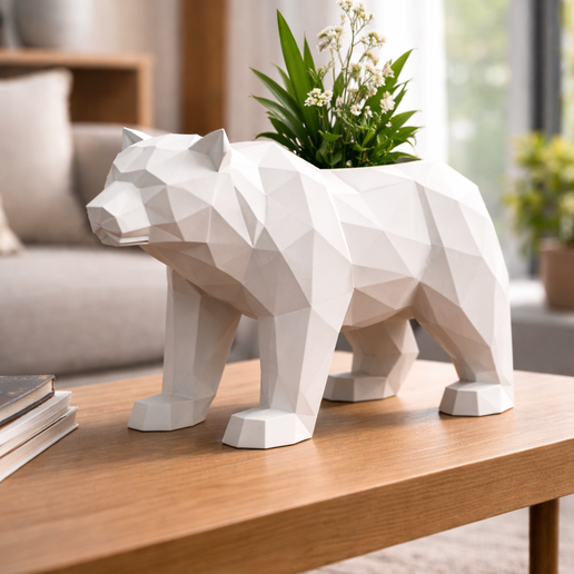 Low Poly Bear Planter STL – Geometric Animal Vase – Modern Home Decor – 3D Printable Plant Pot
