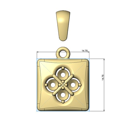 Diamond-cluster-clover-Square-14x14mm-cushion-pendant-charm-05.jpg Square cushion trébol diamante racimo colgante encanto con fianza modelo de impresión 3D