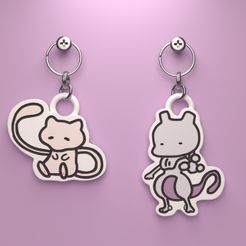 chibi-mew-line-render.jpg STL file POKEMON CHIBI MEW AND MEWTWO KEYCHAIN (EASY PRINT NO SUPPORTS)・3D printer design to download