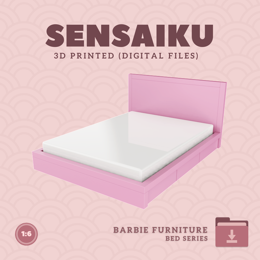 Miniature 22. Barbie Bed - Japanese Theme 04 - Queen Bed for Dollhouse - Sensaiku - 3D Print Instant Download - 3D model önizlemesi