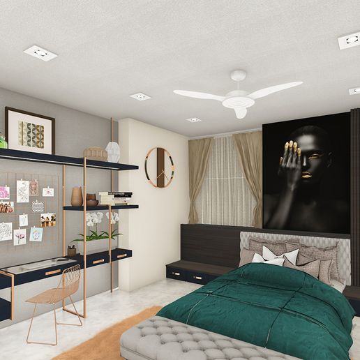 Archivo STL Escena interior de un dormitorio con zona de estudio y ...