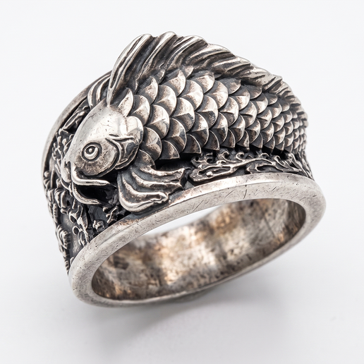 Koi Fish Water Waves Statement Band Ring