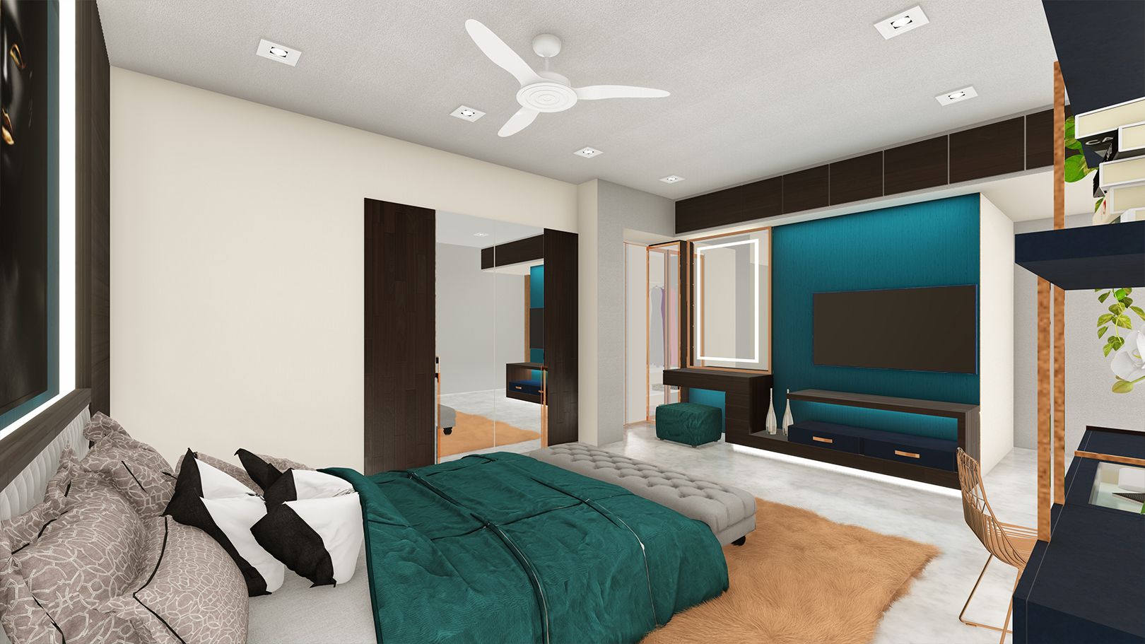 Archivo STL Escena interior de un dormitorio con zona de estudio y ...