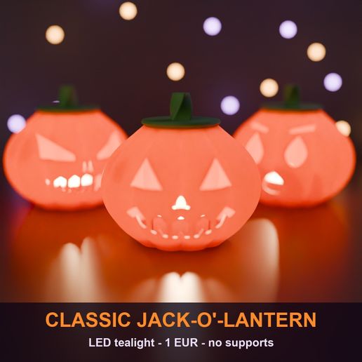 Jack-o'-Lantern Tealight - Classic Face, Hollow Pumpkin with Stem Lid, No Supports
