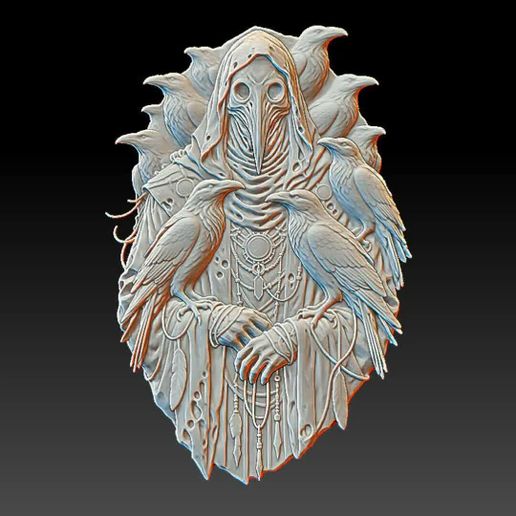 Hooded Plague Doctor with Ravens Relief STL | Deep & Shallow Set