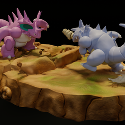 render-final1.png Fichier 3D DIORAMA DE LA BATAILLE DE POKEMON : NIDOKING CONTRE RHYDON・Plan à imprimer en 3D à télécharger