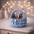 ribbon_ruffle_basket_2.png Ribbon Ruffle Basket | Bow Handle Decorative Storage Basket | Vanity Cosmetic Brush Holder