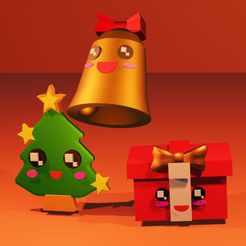 CuteChristmasSet.jpg Set de décoration de Noël 3D Druck - Arbre de Noël, cloche et cadeau - Kawaii