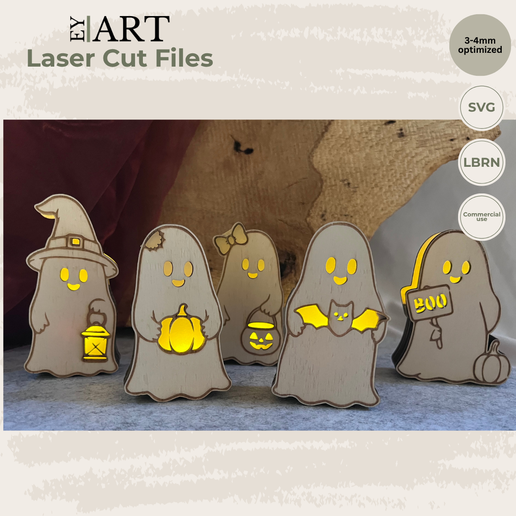 Fichier de découpe laser « Fantômes d'Halloween » – lot de 5 – Décoration lumineuse en bois représentant des fantômes