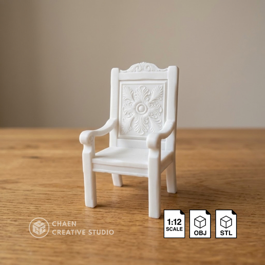 Dollhouse Furniture Classic Wooden Armchair with Carved Backrest - 1:12 Scale - STL OBJ - VV-HE-031