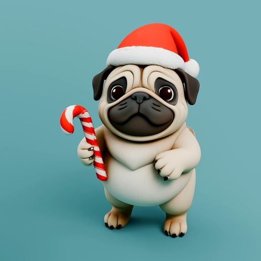 Christmas Pug Figurine STL – Cute Santa Hat Candy Cane Pug 3D Print for Dog Lovers