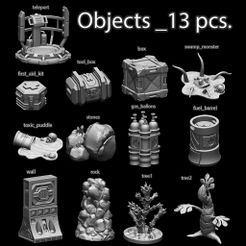 Оbjects_13.jpg Objects 13 pcs: crate, wall, fuel barrel, first aid kit, toxic puddle, gas cylinders, teleporter, toolbox, trees, swamp monster, rocks, cliff.