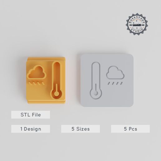 Rain Stamp Tile Set, 5 Sizes, Ideal for Clay, Cookies & Fondant, Weather Motif, 20-40mm, Drizzle & Showers Design - 3D model önizlemesi