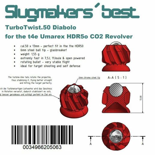 turbo twist50 etikett.JPG Archivo STL El mejor paquete de balas de Slugmaker para pistolas de aire de CO2 cal.50 como la Umarex t4e HDR50 / TR50 y el Revólver Roscoe・Diseño de impresora 3D para descargar, tech23-sws
