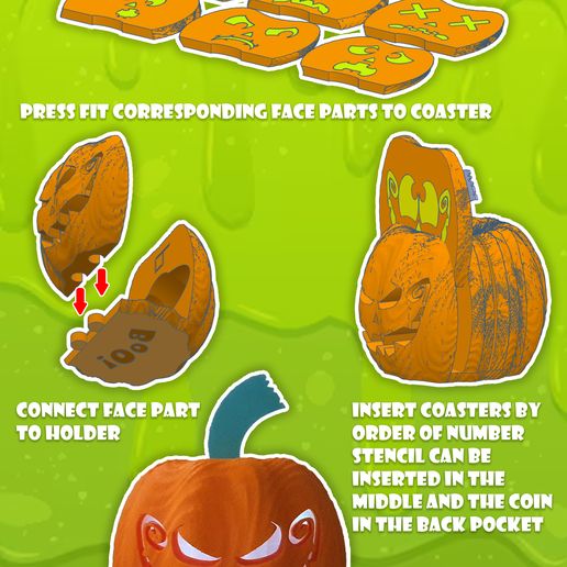 instructions.jpg Conjunto de bases para copos com abóbora esculpida no Dia das Bruxas, estêncil de arte para café e moeda de flip Trick or Treat