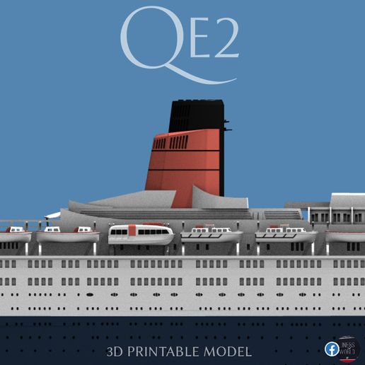 👸 Cunard RMS Queen Elizabeth 2 (QE2) ocean liner 3D print model