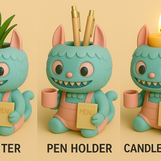 Whimsical Labubu Trio – 3-in-1 Desk Planter, Pen Holder & Candle Stand | STL File