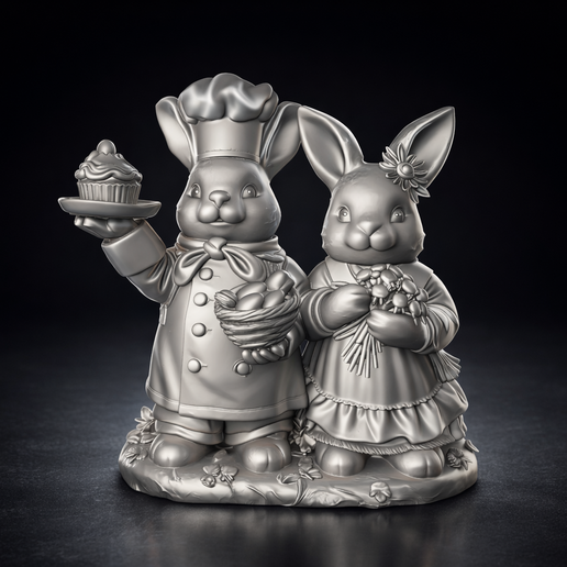 Easter Bunny Couple Figurine – Cute Spring Rabbits with Basket and Cupcake