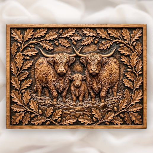 Highland Cow Family Oak Border CNC Relief STL