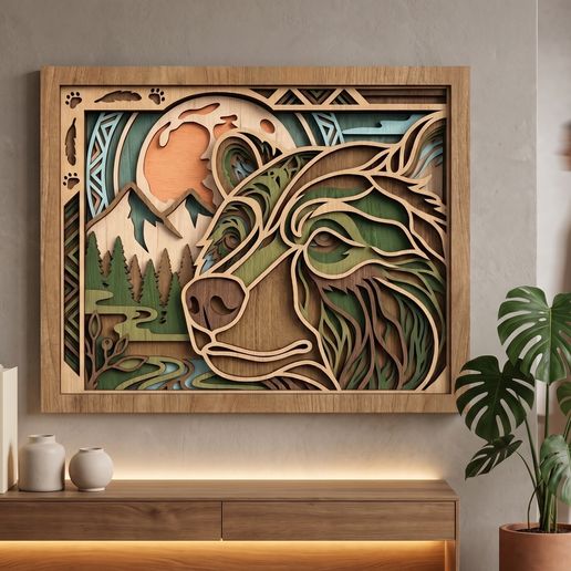 MDN27 - Grizzly Bear SVG, Bear Mountain Wilderness Laser Cut File, 3D Layered Cabin Wall Art, Rustic Lodge Decor, Glowforge CNC, Digital Download