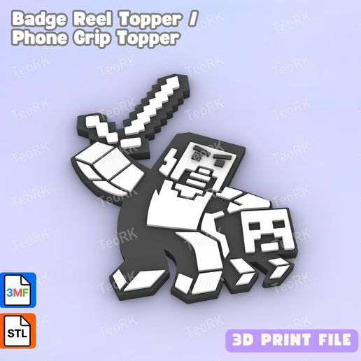 Badge Reel Topper Flat Back MINECRAFT STEVE WITH HIS DOG - Phone Grip Topper - 3MF