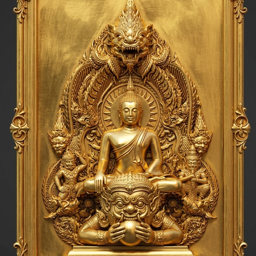 Thai Buddha with Rahu Eclipse God & Naga 3D Model for CNC & 3D Print