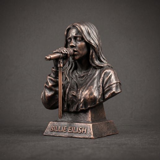 Billie Eilish - Bust Singing into Stand Microphone, Portrait Sculpture, Silver Fine-Art Statue, 3D Printable STL, Home Decor, Desk Decor, Gift