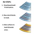R2 STEPS: 1. Glue/dowel/weld 4 track pieces. 2. Glue slots & kerbs to track. 3. Glue surfaces to track & border areas. THE CORKSCREW compatible with Scalextric slot car track