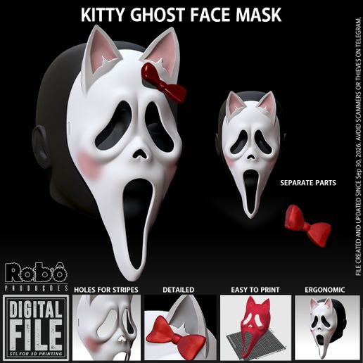 Kitty Ghost Face Mask - Halloween Ghost Cat Mask Cosplay - STL model 3D print file