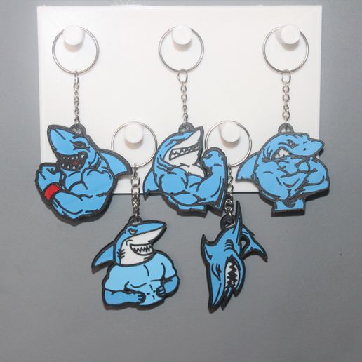 5 Angry Shark Keychains 3D model
