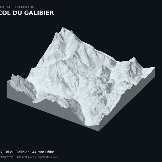 Col du Galibier | 200 × 200 mm Terrain Relief STL / 3MF