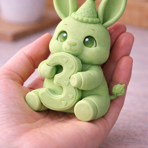 Cute Bunny 3rd Birthday STL – Number 3 Birthday Decor – Kawaii Rabbit Figurine – 3D Printable Party Decoration – Single Color STL