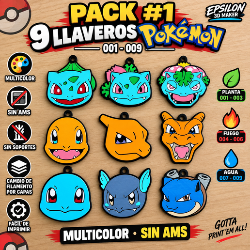 PACK #1 – 9 LLAVEROS POKÉMON MULTICOLOR | SIN AMS