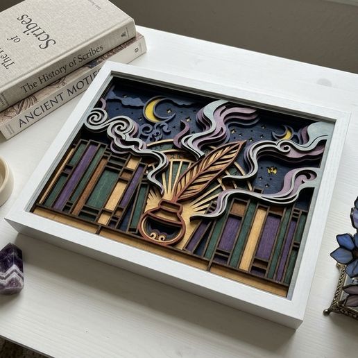 MD549 - Quill and Ink Laser Cut File, Writer Bookshelf 3D Layered Wall Art SVG, Book Lover Shadow Box Decor, Glowforge CNC, Digital Download