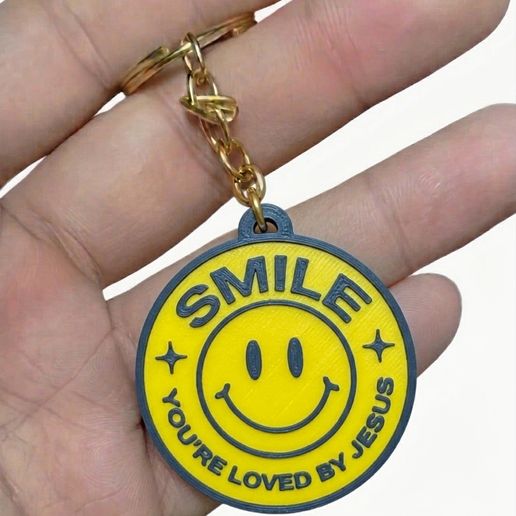 Llavero Circular "Smile You're Loved by Jesus" / Estilo Smiley y Mensaje Cristiano