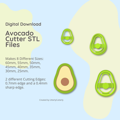 Digital Download Avocado Cutter STL Files Makes 8 Different Sizes: 60mm, 55mm, 50mm, 45mm, 40mm, 35mm, 30mm, 25mm. 2 different Cutting Edges: 0.7mm edge and a 0.4mm sharp edge. Created by UtterlyCutterly Fichier 3D Avocado Clay Cutter - Fruit Vegetable STL Digital File Download- 8 sizes and 2 Cutter Versions・Modèle pour impression 3D à télécharger, UtterlyCutterly